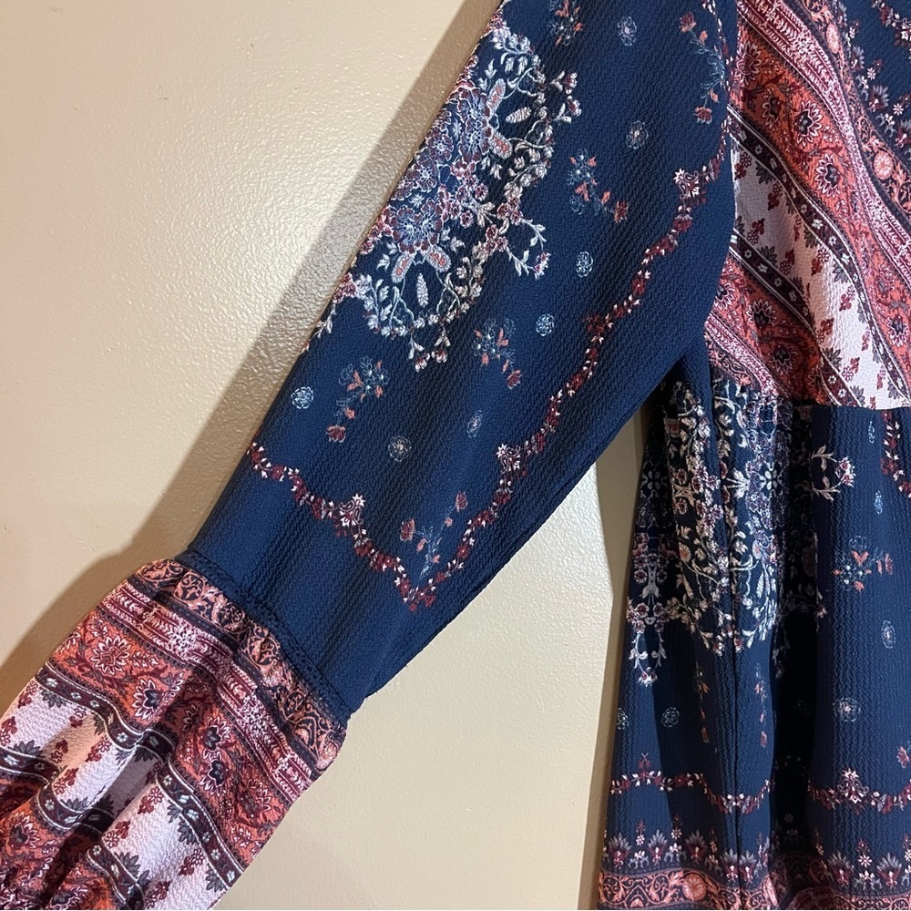 Artesia Boho Blue & Coral Floral Tassel Babydoll Tunic Top Size M - Picture 4 of 7